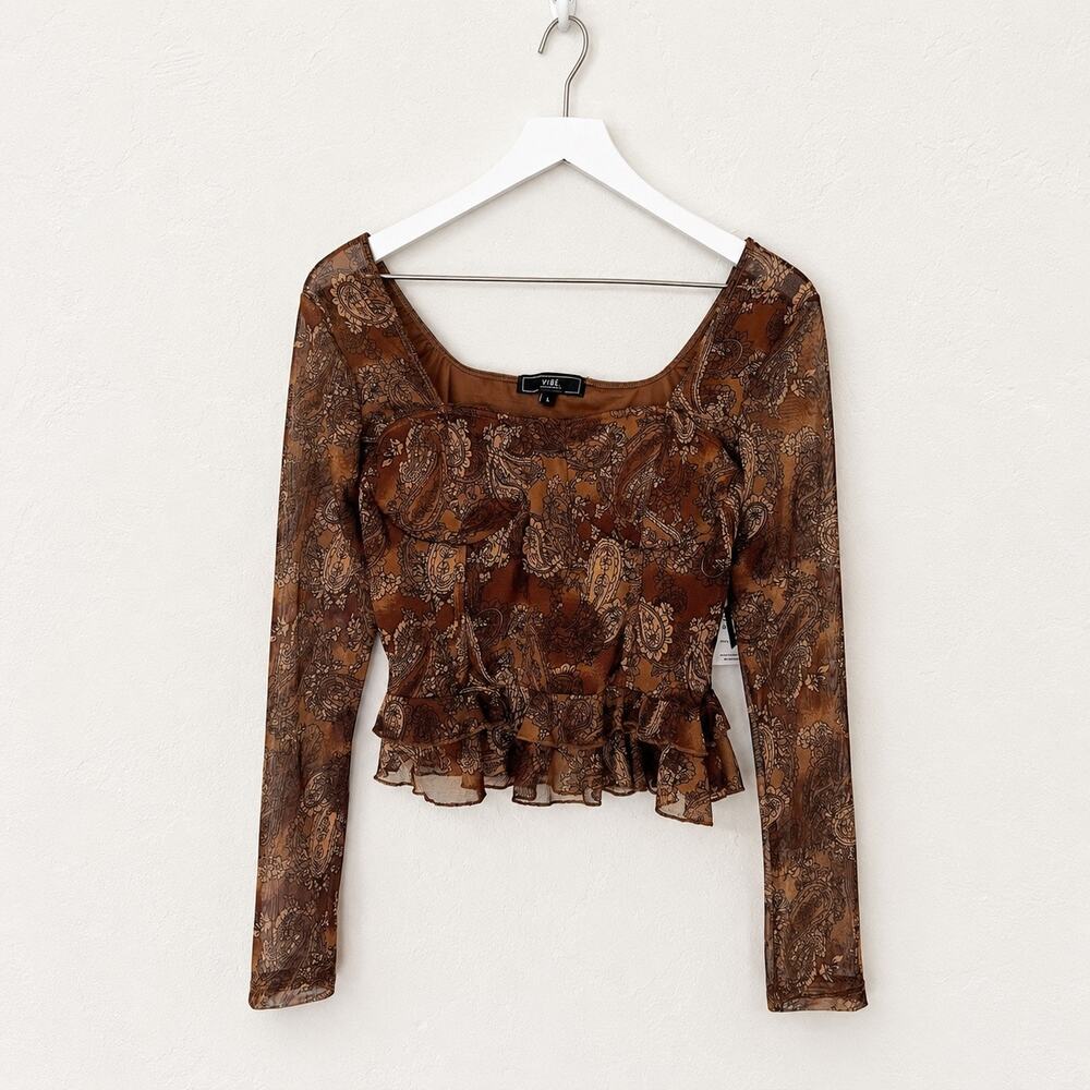 Vibe Sportswear Brown Paisley Mesh Ruffle Hem Top Large NWT Y2K Boho
